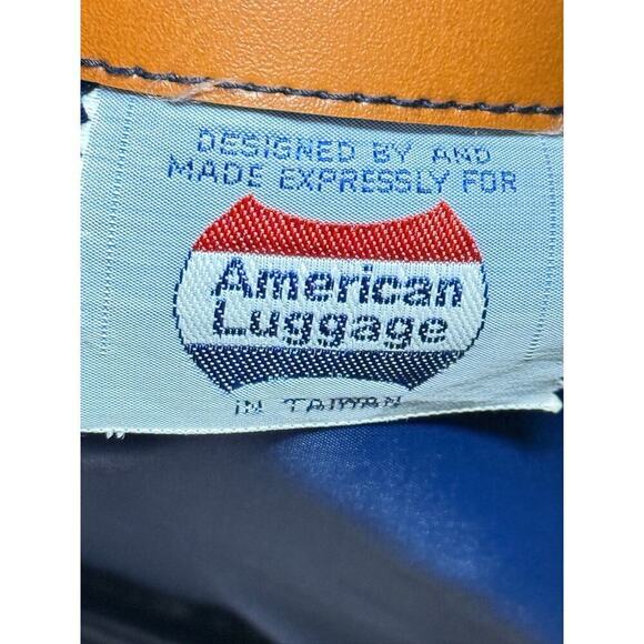 VTG American Luggage Striped Travel Bag Adjustable Strap Blue Brown Vinyl Trim - Picture 8 of 9